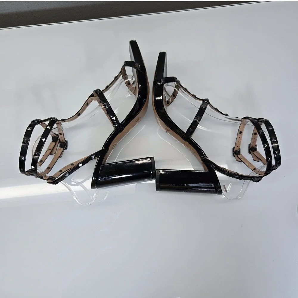 Mix No 6 Rock Stud Ankle‎ Strap Caged Sandals 9M Black Patent Block Heel Prom